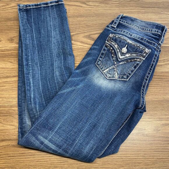 Miss Me Denim - Y2K Miss Me Women's Mid Rise Straight Jeans Blue Size 28x32 Rhinestone